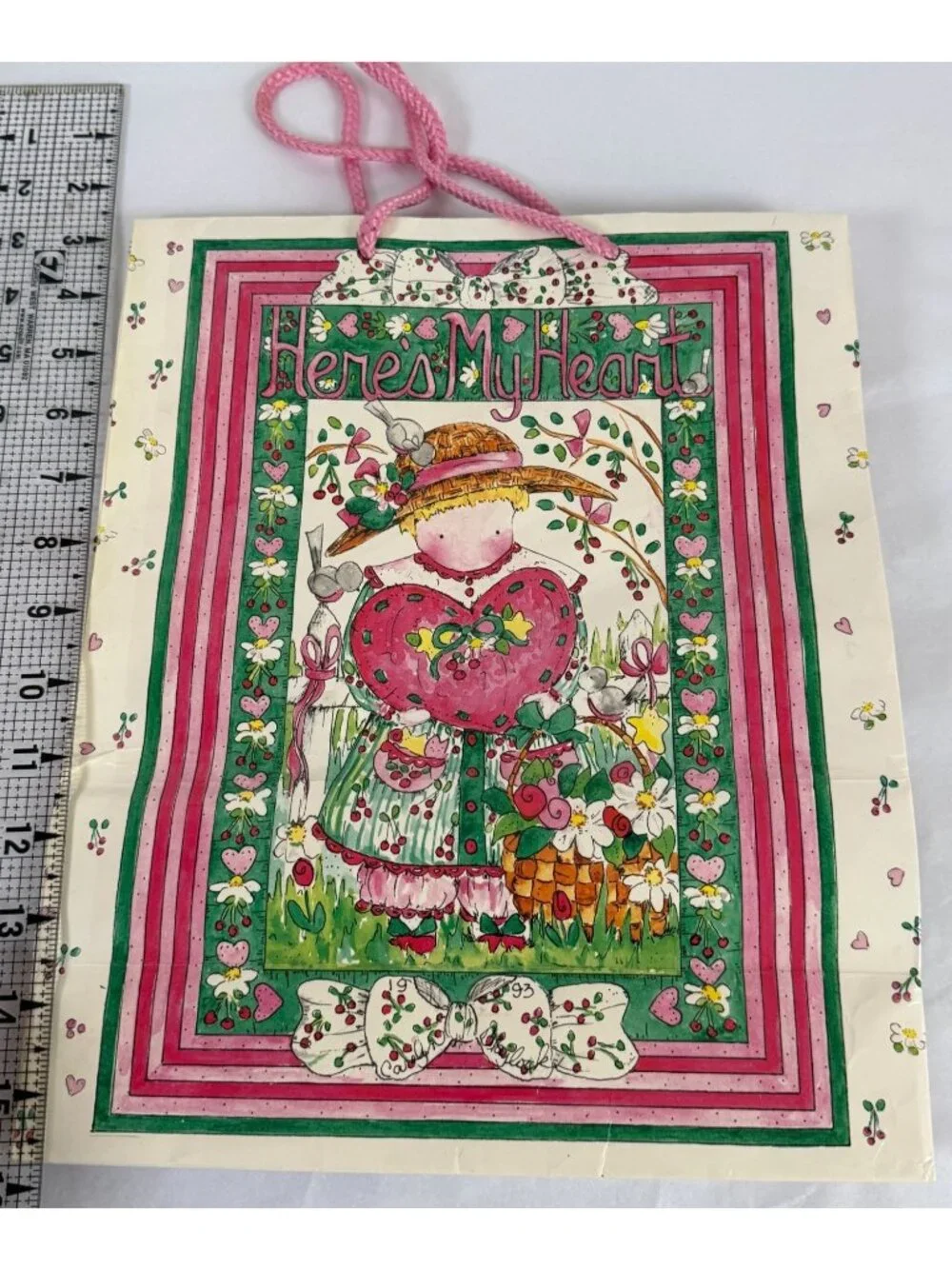Vintage Here's My Heart Gift Bag Carolyn Blaylock 1995 Cottage Granny Core Heart